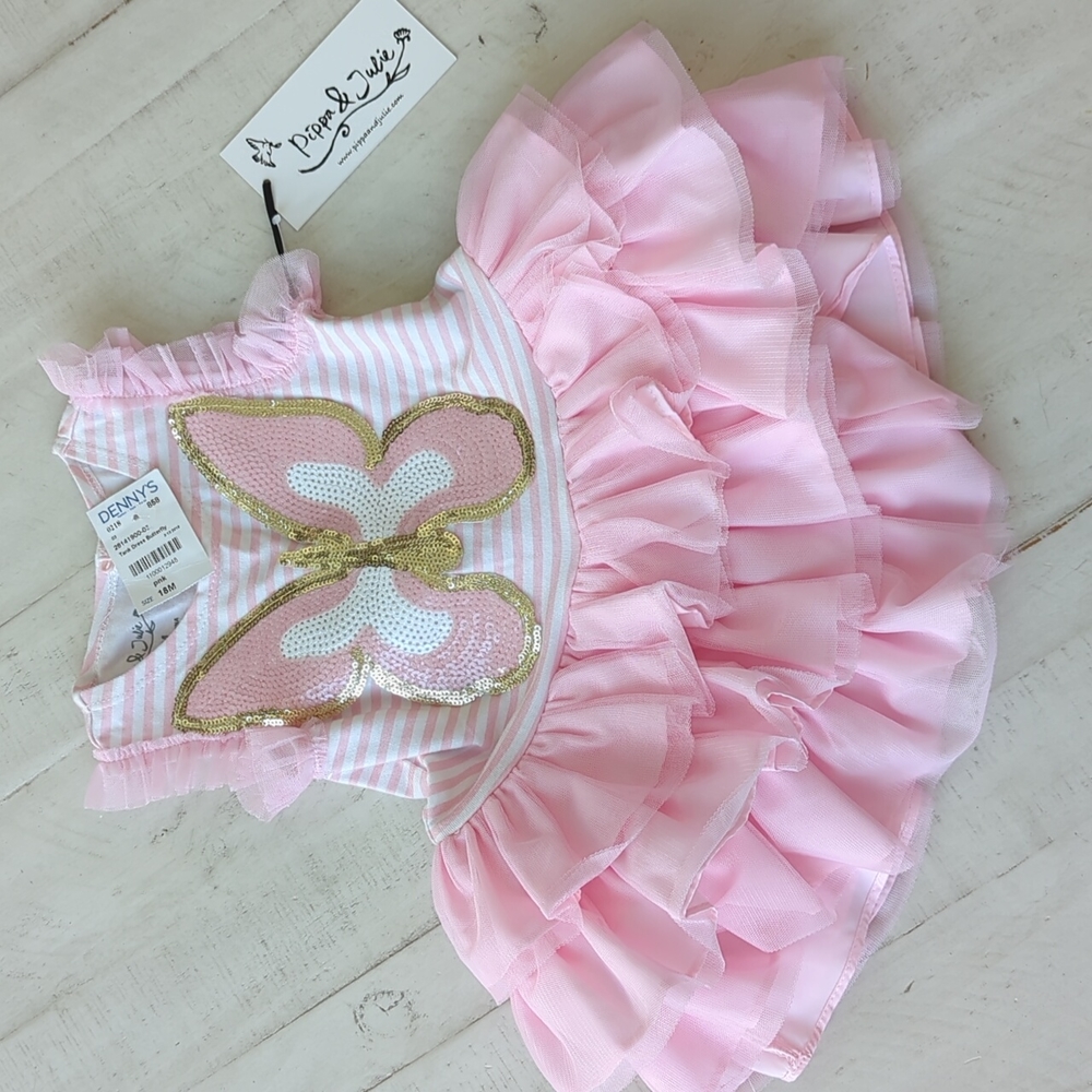 New Pippa & Julie 2 piece 18mo Pink Butterfly Sequins dress and bloomer set